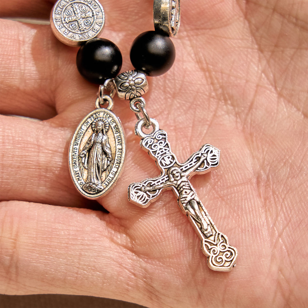 Christianartworkshop Natural Black Agate Bracelet with St. Benedict Medal and Virgin Mary Pendant: Divine Faith Artistry - image 4