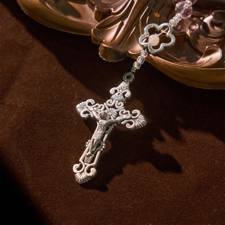 Christianartworkshop Elegant Pink Crystal Rosary with 3D Rose Beads, Silver Chalice Medal & Crucifix: Embrace Divine Grace - image 6