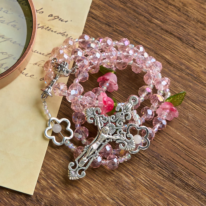 Christianartworkshop Elegant Pink Crystal Rosary with 3D Rose Beads, Silver Chalice Medal & Crucifix: Embrace Divine Grace - image 5