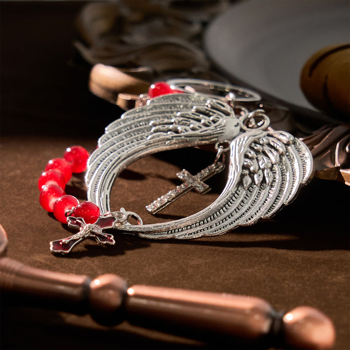 Christianartworkshop Dual-Use Red Agate Keychain & Pocket Rosary Adorned with Silver Angel Wing: Carry Divine Protection - image 2