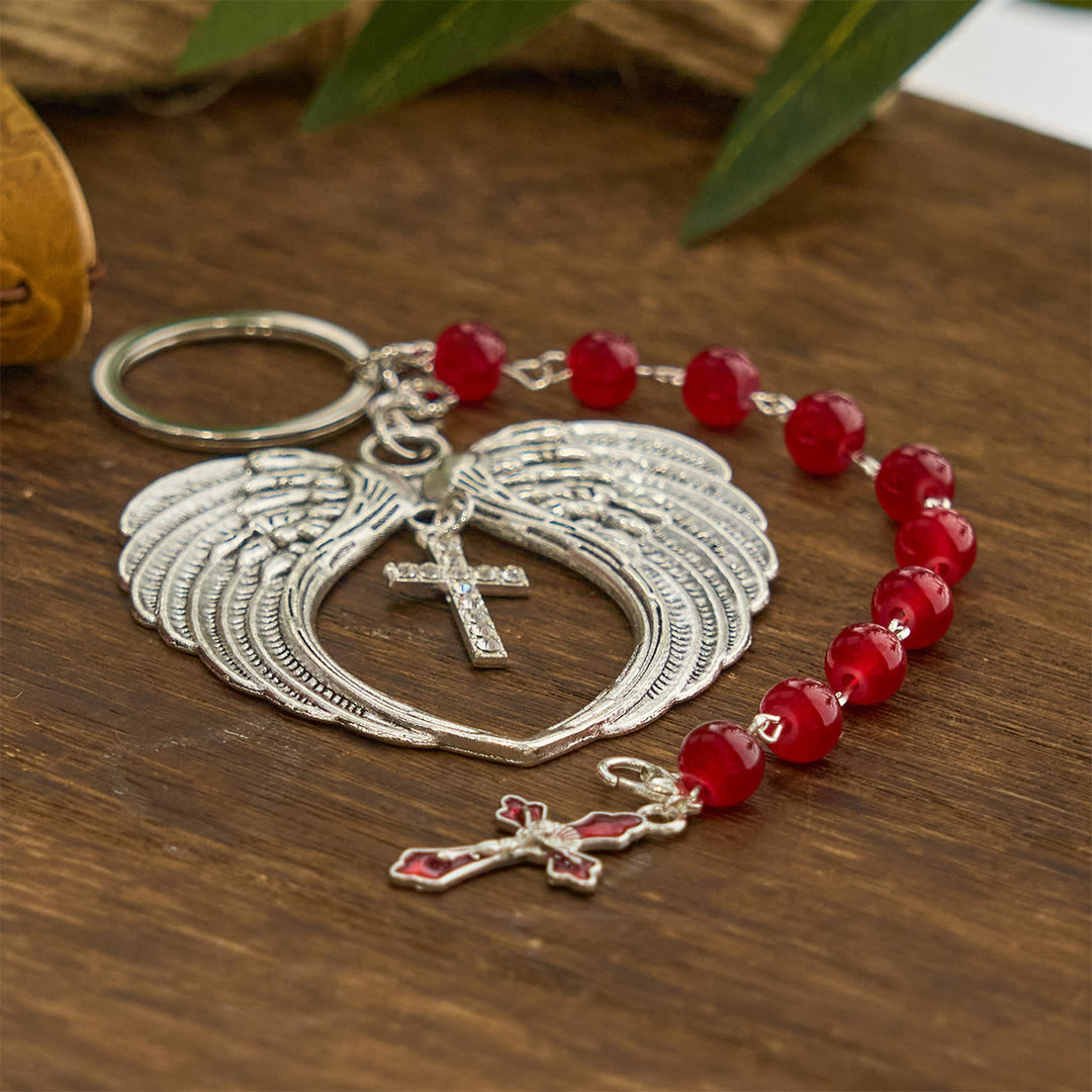 Christianartworkshop Dual-Use Red Agate Keychain & Pocket Rosary Adorned with Silver Angel Wing: Carry Divine Protection - image 4