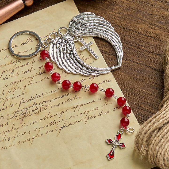 Christianartworkshop Dual-Use Red Agate Keychain & Pocket Rosary Adorned with Silver Angel Wing: Carry Divine Protection - image 3