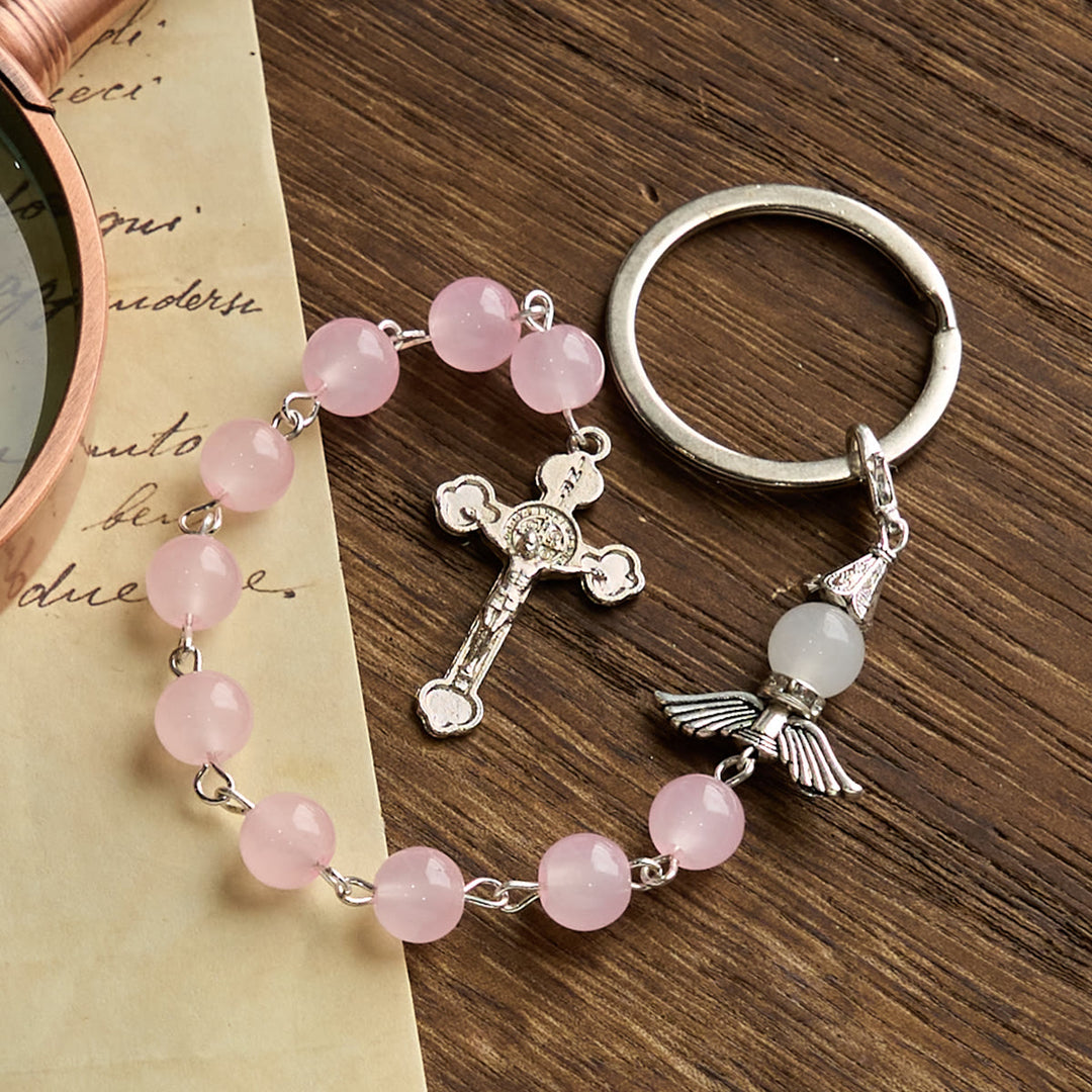 Christianartworkshop Multifunctional Tri-Color Gem Keychain & Pocket Rosary Blessed with Angle Wing - Light Pink - image 7