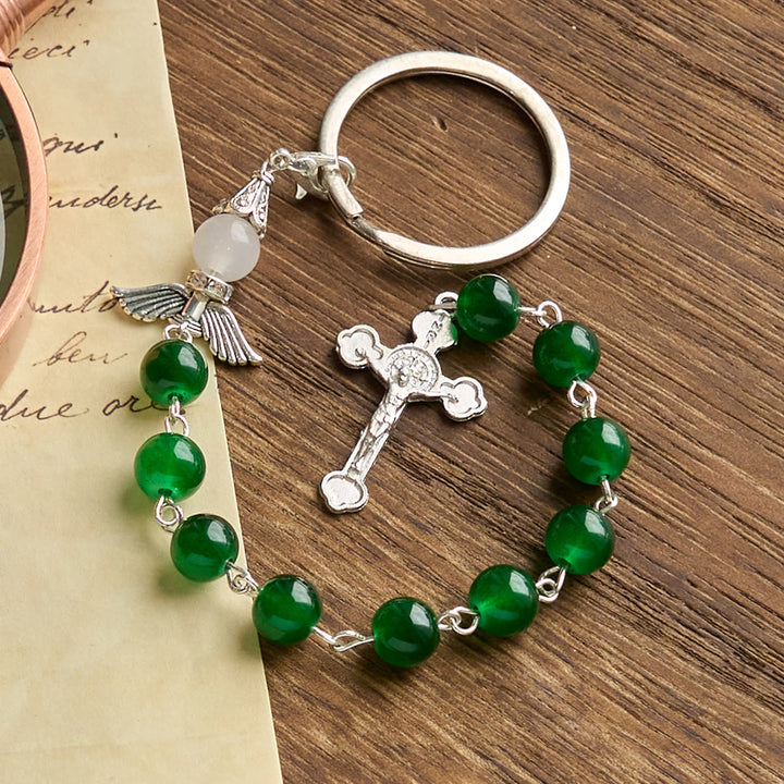 Christianartworkshop Multifunctional Tri-Color Gem Keychain & Pocket Rosary Blessed with Angle Wing - Green - image 1