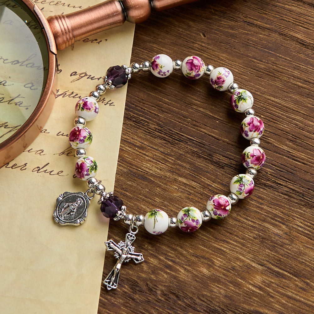 Christianartworkshop Multi-color Floral Ceramic Stretch Bracelet with Miraculous Medal & Crucifix: Subtle Faith Elegance - Rose - image 1