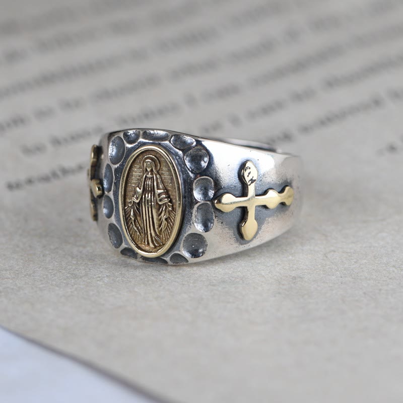 Christianartworkshop 925 Sterling Silver Retro Style Virgin Mary Blessing Badge Religious Ring - image 2
