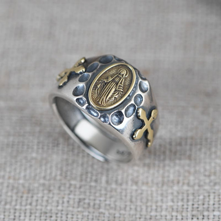 Christianartworkshop 925 Sterling Silver Retro Style Virgin Mary Blessing Badge Religious Ring - Suitable for AU Size T1/2 - AU Size V1/2 - image 0