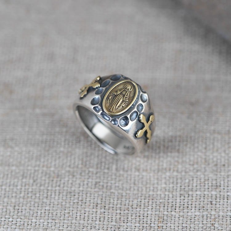 Christianartworkshop 925 Sterling Silver Retro Style Virgin Mary Blessing Badge Religious Ring - image 2