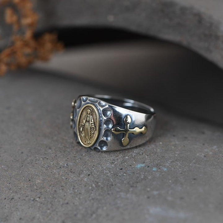 Christianartworkshop 925 Sterling Silver Retro Style Virgin Mary Blessing Badge Religious Ring - image 7