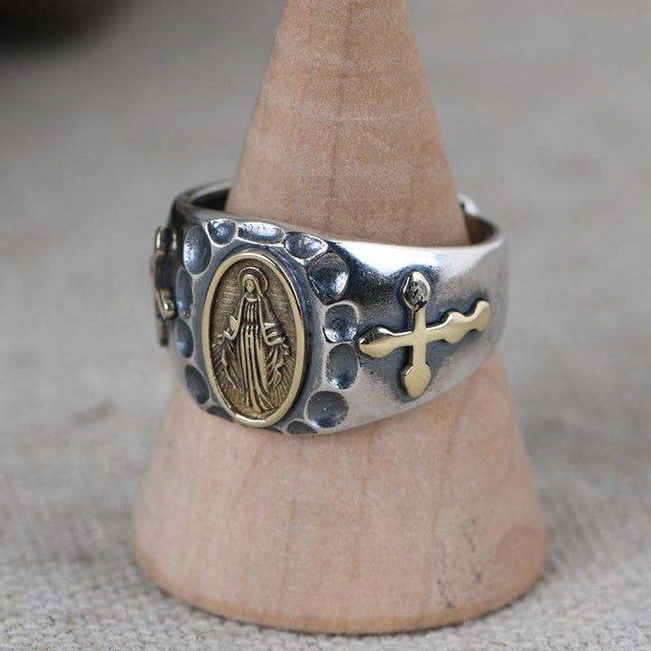 Christianartworkshop 925 Sterling Silver Retro Style Virgin Mary Blessing Badge Religious Ring - image 6