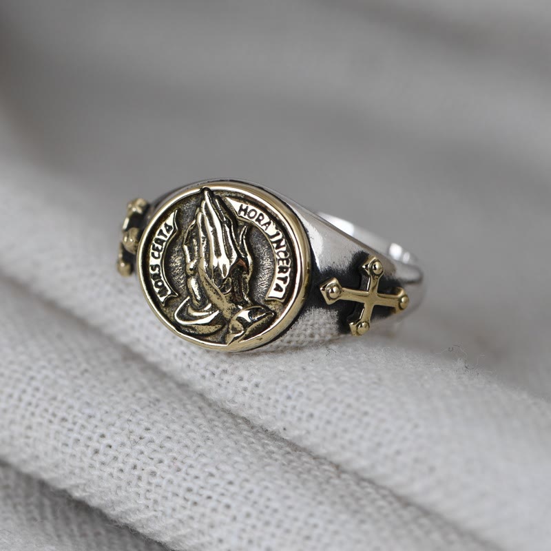 Christianartworkshop 925 Sterling Silver Vintage Style Intricate Carved Praying Hands Ring - Golden(Suitable for AU Size O - AU Size S) - image 0