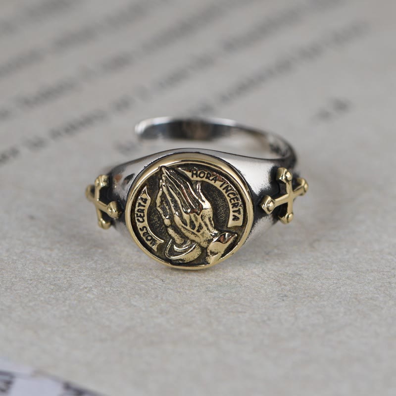 Christianartworkshop 925 Sterling Silver Vintage Style Intricate Carved Praying Hands Ring - image 2