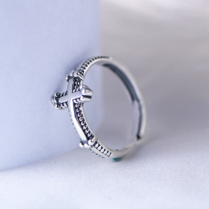 Christianartworkshop Minimalist 925 Silver Cross Ring with Ornate Rope Patterns: Enduring Symbol of Spiritual Bond - Suitable for AU Size Q - AU Size T1/2 - image 0