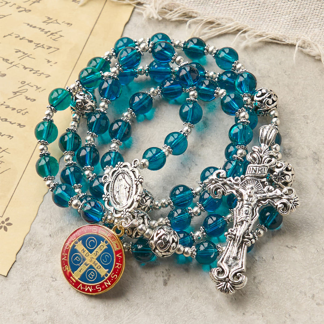 Christianartworkshop Handmade Crucifix Clear Blue Glass Rosary with Enameled St. Benedict & Miraculous Medal - image 4