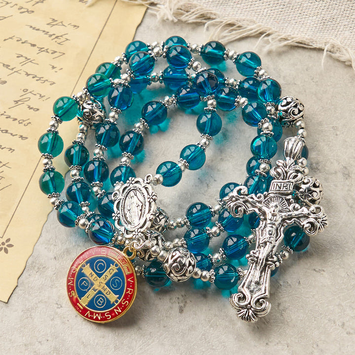 Christianartworkshop Handmade Crucifix Clear Blue Glass Rosary with Enameled St. Benedict & Miraculous Medal - image 4