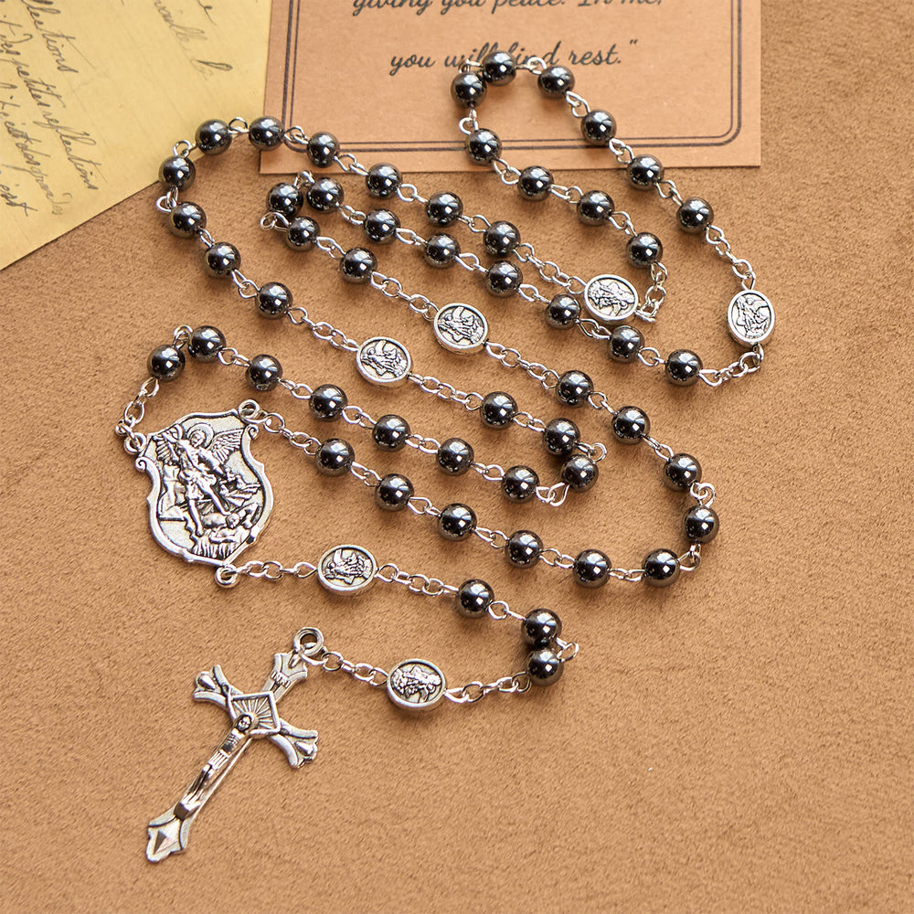 Christianartworkshop Sacred Shiny Black Beads Rosary with St. Michael the Archangel Pendant & Crucifix - image 2