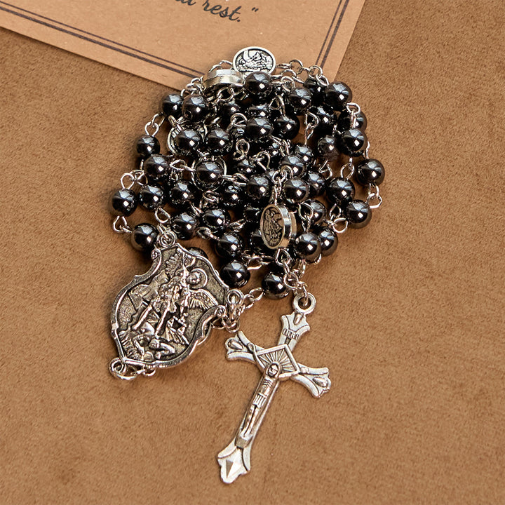 Christianartworkshop Sacred Shiny Black Beads Rosary with St. Michael the Archangel Pendant & Crucifix - image 4