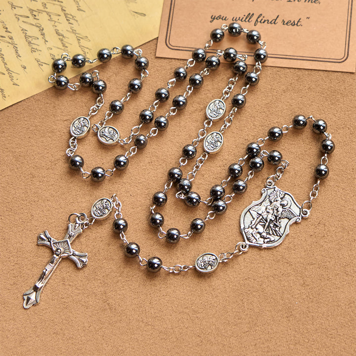 Christianartworkshop Sacred Shiny Black Beads Rosary with St. Michael the Archangel Pendant & Crucifix - St. Michael the Archangel - image 1