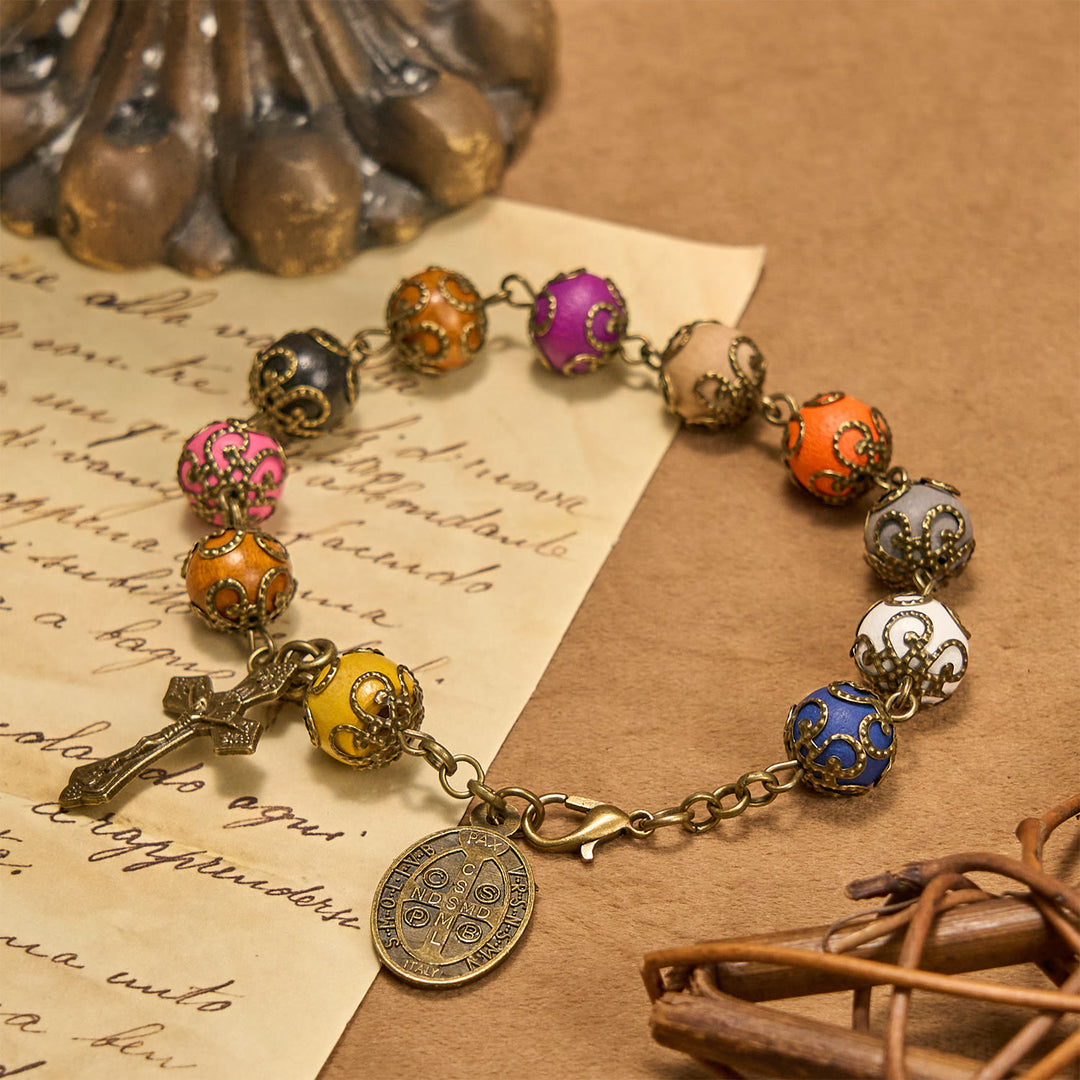 Christianartworkshop Vintage Style Patterned Colorful Bead Bracelet with Bronze St. Benedict & Crucifix: Trust in Divine Continuity - St. Benedict Medal & Crucifx - image 0