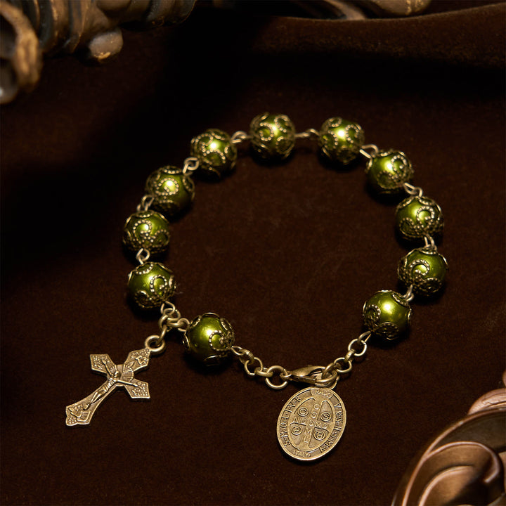 Christianartworkshop Matte Verdigris Beads with Bronze St. Benedict Medal & Crucifix Bracelet: Find Peace in Subtle Sacredness - image 1
