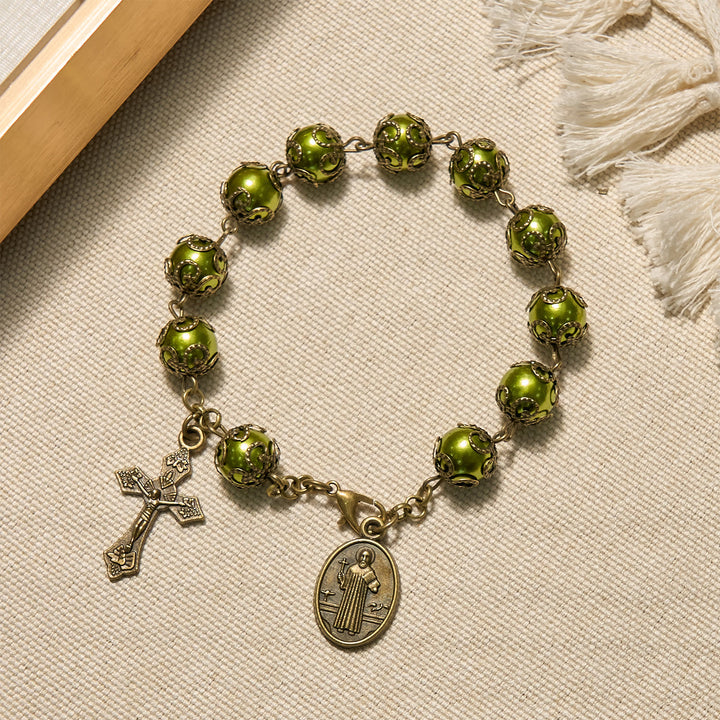 Christianartworkshop Matte Verdigris Beads with Bronze St. Benedict Medal & Crucifix Bracelet: Find Peace in Subtle Sacredness - Matte Green Bead - image 0