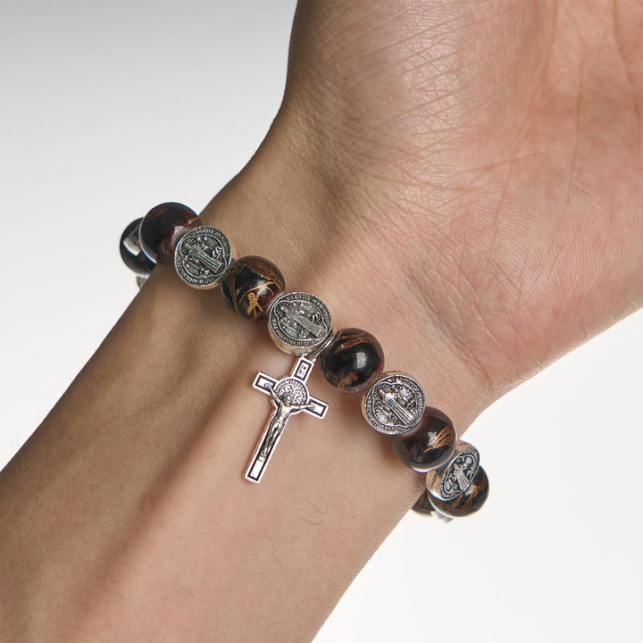 Christianartworkshop Tri-Color Beads Bracelet with Silver St. Benedict Medal and Crucifix: Divine Faith Artistry - image 17