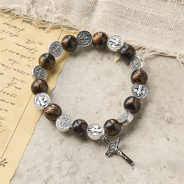 Christianartworkshop Tri-Color Beads Bracelet with Silver St. Benedict Medal and Crucifix: Divine Faith Artistry - Black - image 2