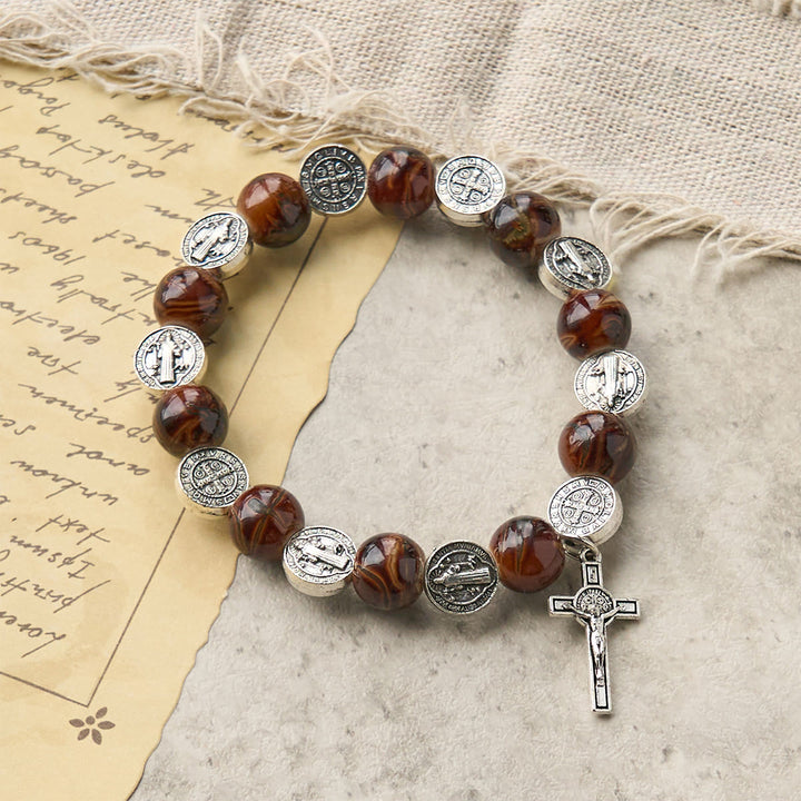 Christianartworkshop Tri-Color Beads Bracelet with Silver St. Benedict Medal and Crucifix: Divine Faith Artistry - Brown - image 3
