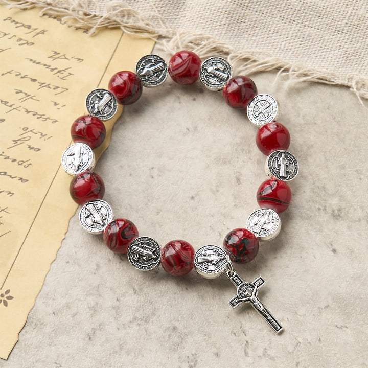 Christianartworkshop Tri-Color Beads Bracelet with Silver St. Benedict Medal and Crucifix: Divine Faith Artistry - Red - image 1