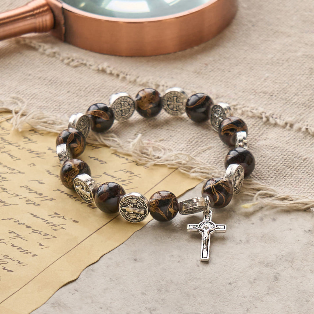 Christianartworkshop Tri-Color Beads Bracelet with Silver St. Benedict Medal and Crucifix: Divine Faith Artistry - image 8