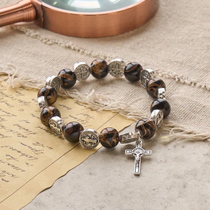 Christianartworkshop Tri-Color Beads Bracelet with Silver St. Benedict Medal and Crucifix: Divine Faith Artistry - image 8