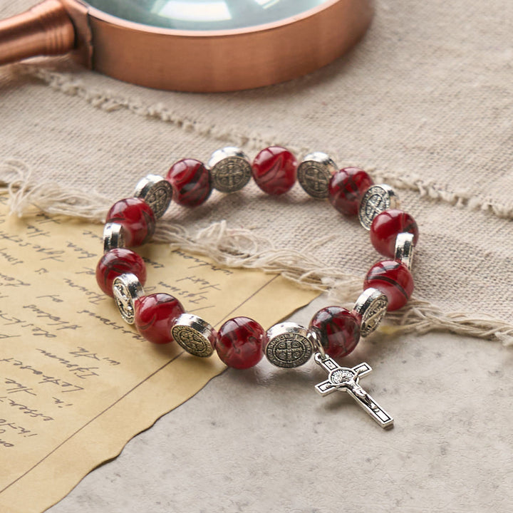 Christianartworkshop Tri-Color Beads Bracelet with Silver St. Benedict Medal and Crucifix: Divine Faith Artistry - image 7