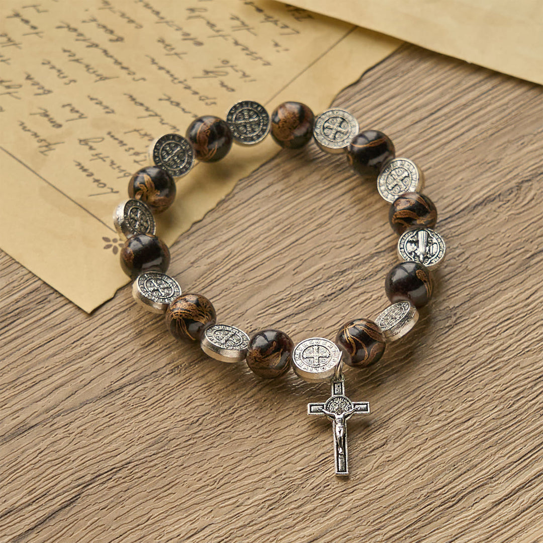 Christianartworkshop Tri-Color Beads Bracelet with Silver St. Benedict Medal and Crucifix: Divine Faith Artistry - image 5