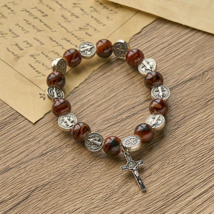 Christianartworkshop Tri-Color Beads Bracelet with Silver St. Benedict Medal and Crucifix: Divine Faith Artistry - image 6