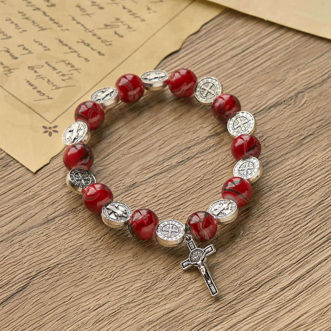 Christianartworkshop Tri-Color Beads Bracelet with Silver St. Benedict Medal and Crucifix: Divine Faith Artistry - image 4