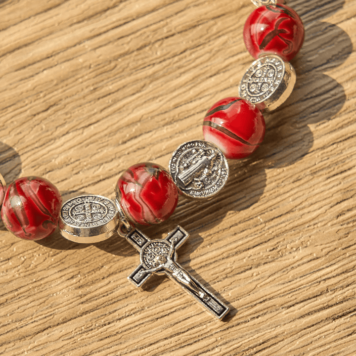 Christianartworkshop Tri-Color Beads Bracelet with Silver St. Benedict Medal and Crucifix: Divine Faith Artistry - image 10