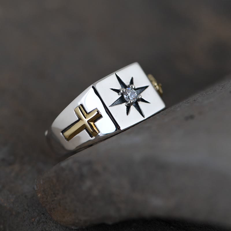 Christianartworkshop Cross and Virgin Mary with White Cubic 925 Sterling Silver Adjustable Vintage Ring - 925 Sterling Silver - image 0
