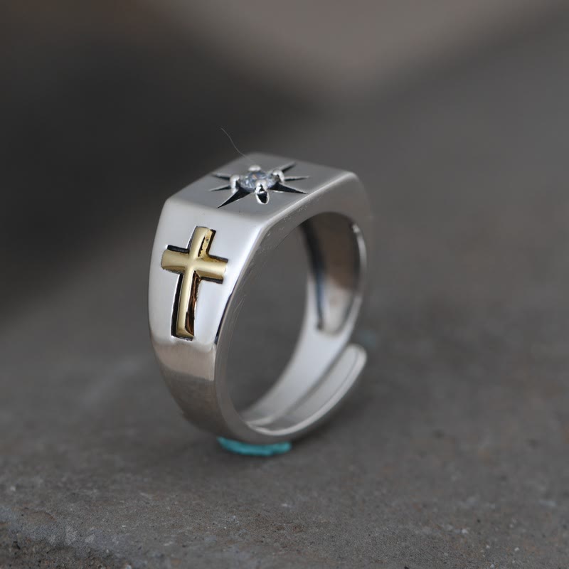 Christianartworkshop Cross and Virgin Mary with White Cubic 925 Sterling Silver Adjustable Vintage Ring - Suitable for AU Size L1/2 - AU Size Q - image 0