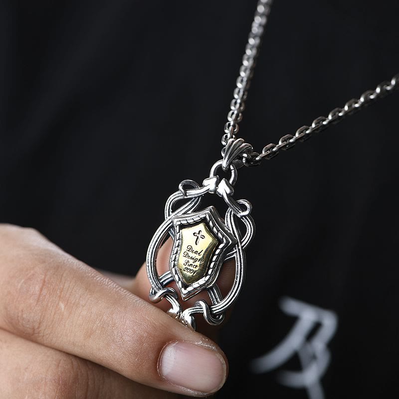 Christianartworkshop 925 Sterling Silver Armor Cross Pendant with Golden Core Sacred Crest Necklace: Shield of Grace - image 1