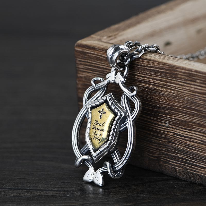 Christianartworkshop 925 Sterling Silver Armor Cross Pendant with Golden Core Sacred Crest Necklace: Shield of Grace - Sterling Silver - image 0