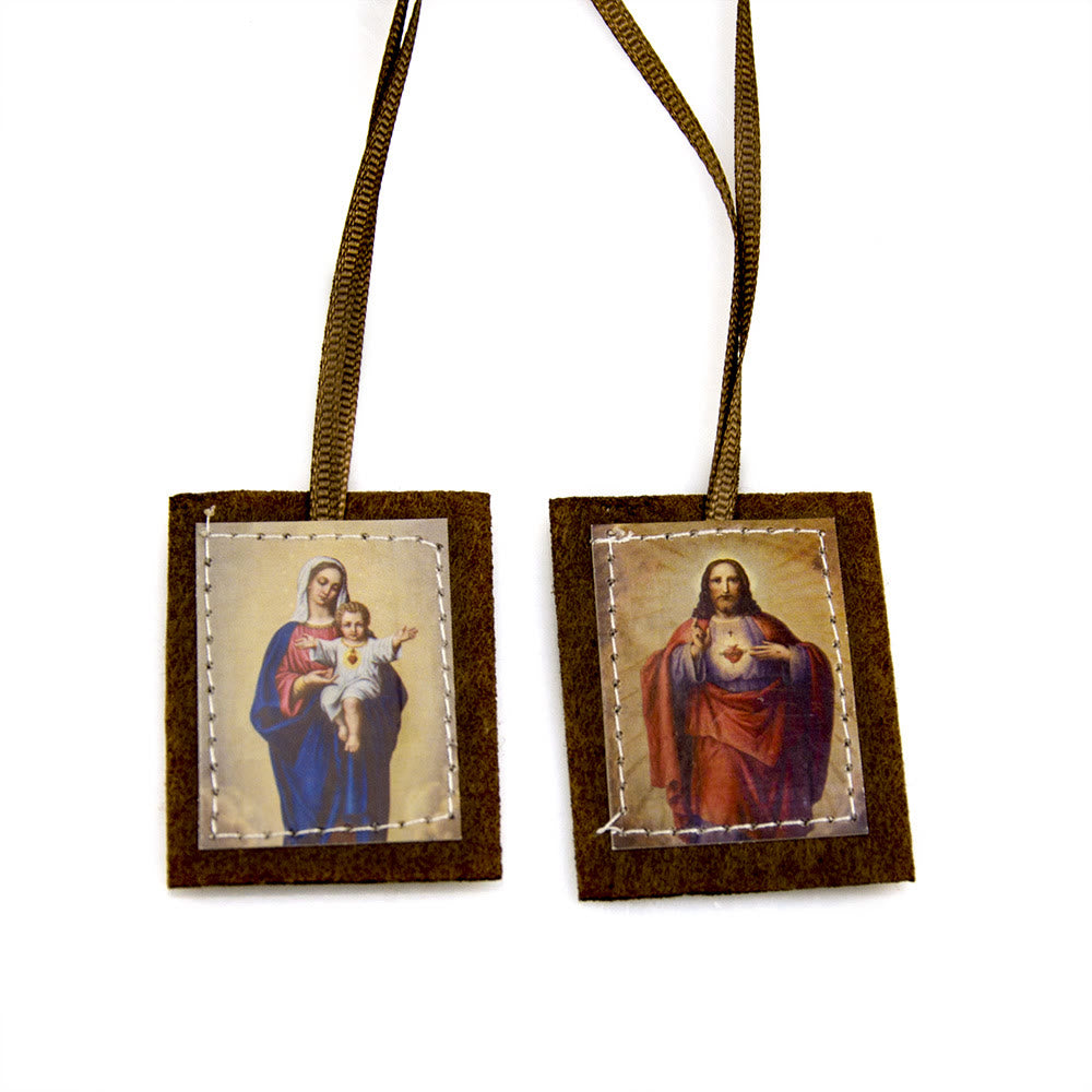 Christianartworkshop Blessed Brown Wool Scapular of Sacred Heart of Jesus and Virgin Mary - Scapular - image 1