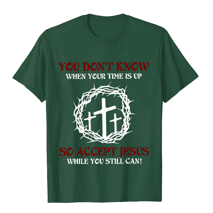 Christianartworkshop Religious Warning Accept Jesus Thorn Crown Cross Unisex T-shirt - Dark Green - 2XL - image 8