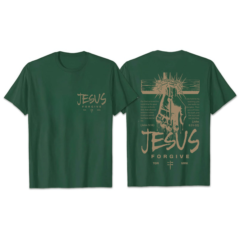 Christianartworkshop Religious Jesus Forgive Crown of Thorns Cross Unisex T-shirt - Dark Green - 2XL - image 24
