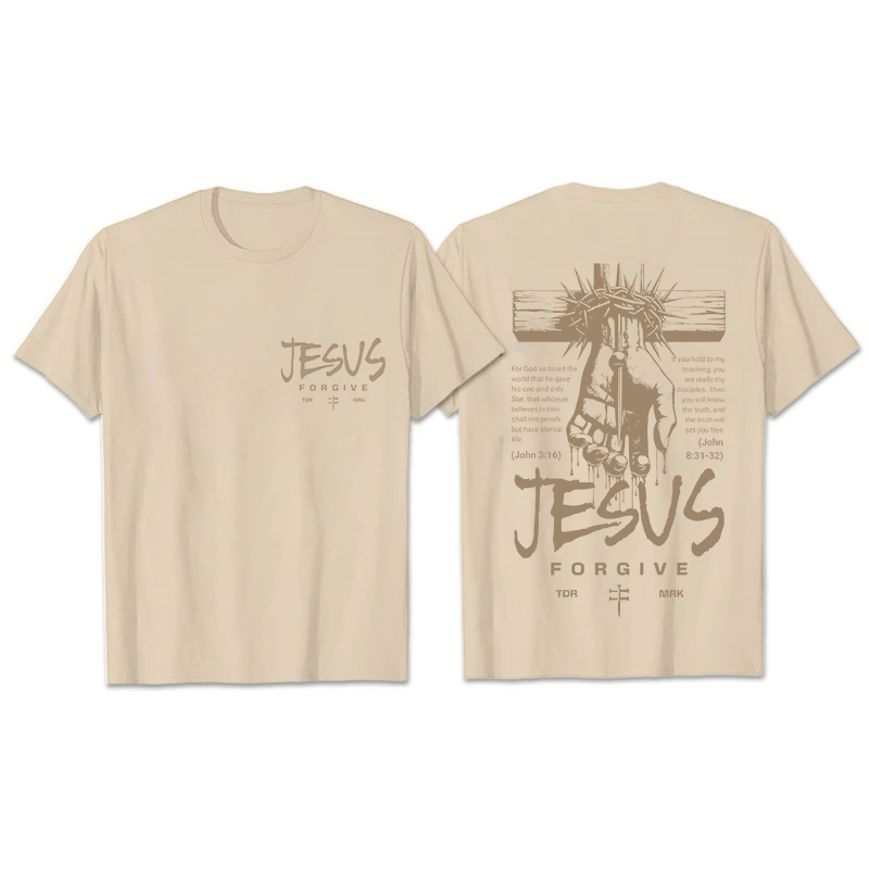 Christianartworkshop Religious Jesus Forgive Crown of Thorns Cross Unisex T-shirt - Beige - 2XL - image 5