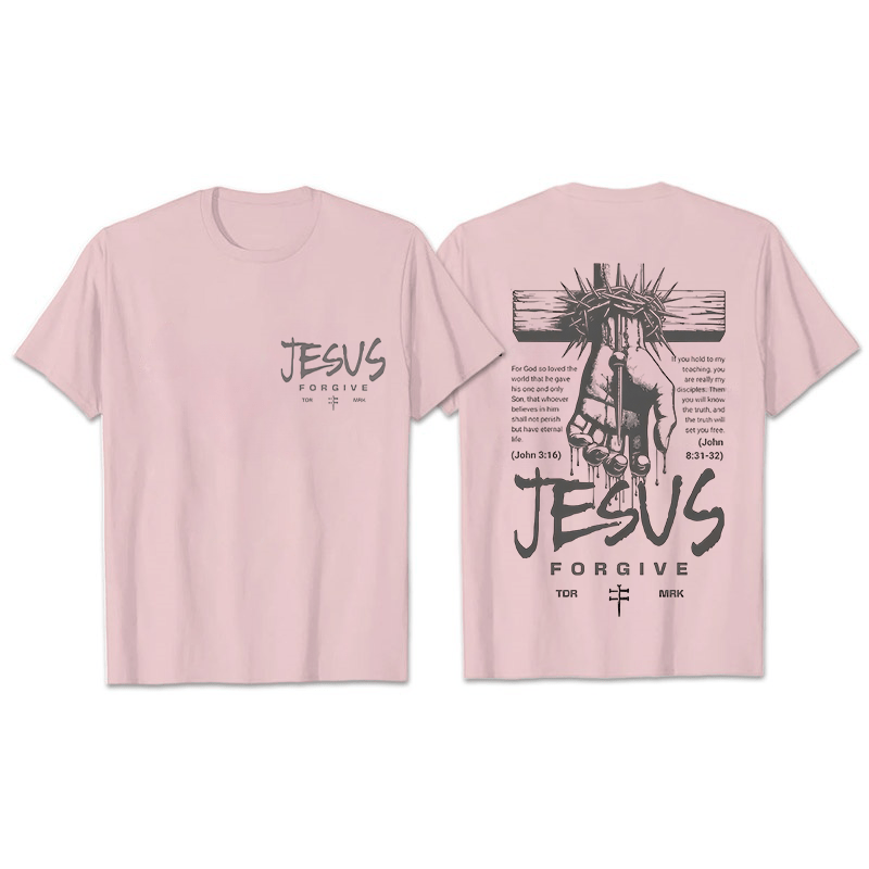 Christianartworkshop Religious Jesus Forgive Crown of Thorns Cross Unisex T-shirt - Light Pink - 2XL - image 21