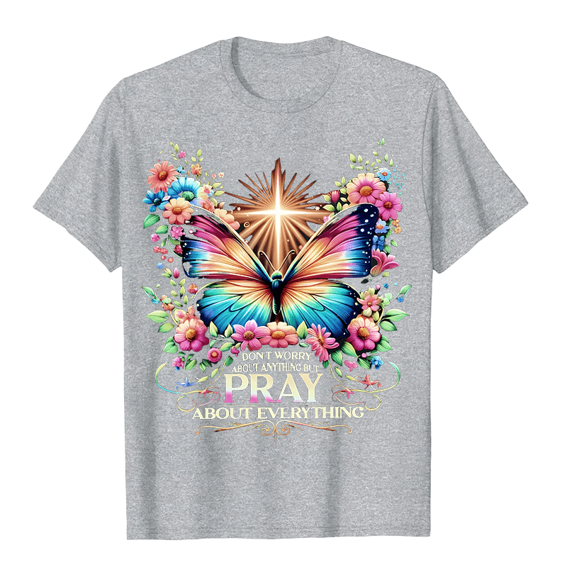 Christianartworkshop Faith-Inspired Butterfly and Cross Pray About Everything Unisex T-shirt - Grey - 2XL - image 9