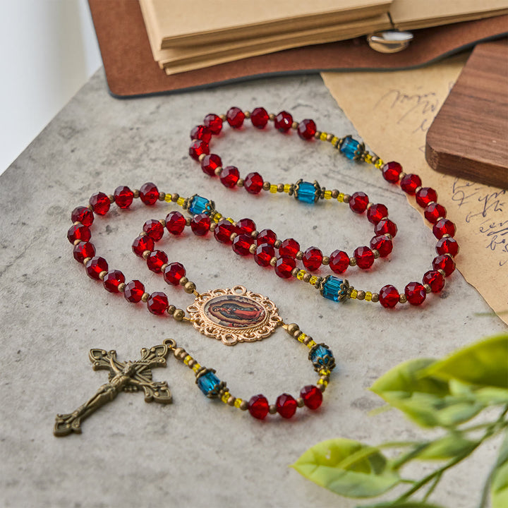 Christianartworkshop Handmade Red Crystal Bohemian Czech Glass Our Lady of Guadalupe Crucifix Rosary - Our Lady of Guadalupe & Crucifix - image 0