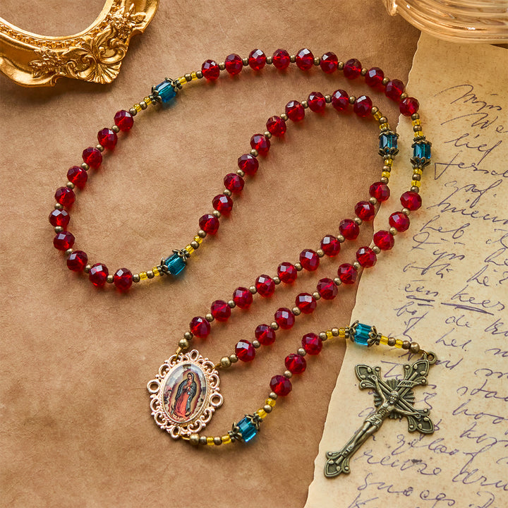 Christianartworkshop Handmade Red Crystal Bohemian Czech Glass Our Lady of Guadalupe Crucifix Rosary - image 5