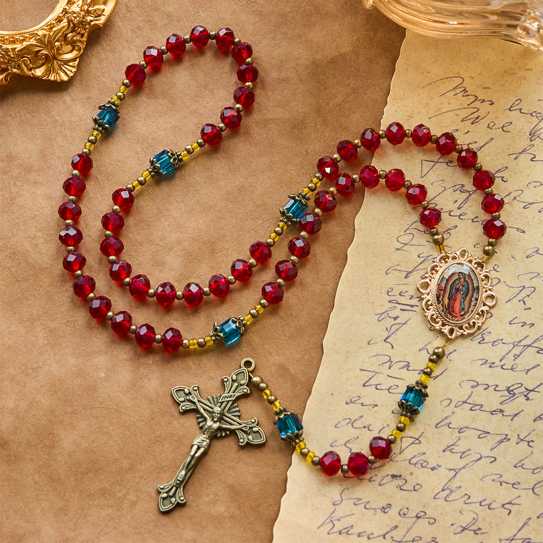 Christianartworkshop Handmade Red Crystal Bohemian Czech Glass Our Lady of Guadalupe Crucifix Rosary - image 3