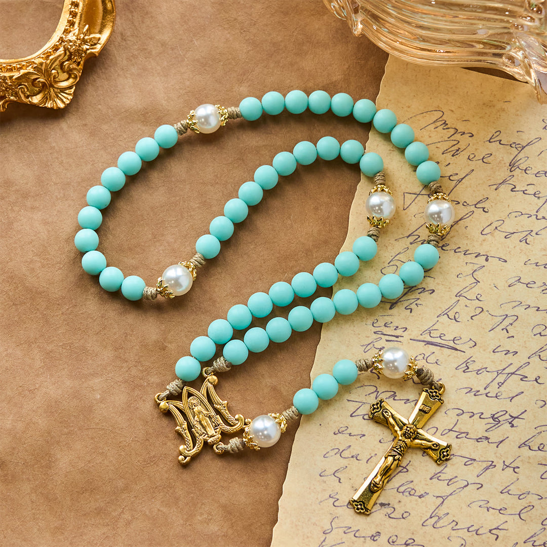 Christianartworkshop Handmade Mint Green Beads & Pearl with Miraculous Medal & Crucifix Rosary - image 6